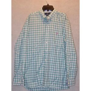 Ralph Lauren Mens Medium Green Pink Plaid Cotton Stretch Button Down Shirt M